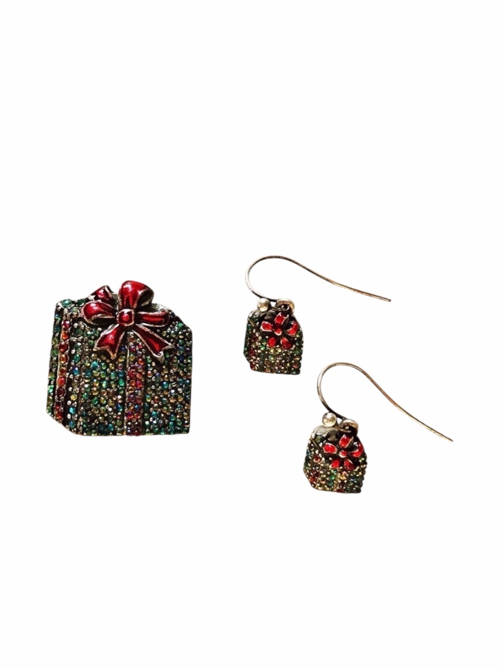 Vintage Sparkling Christmas Box Brooch With Matching Earrings